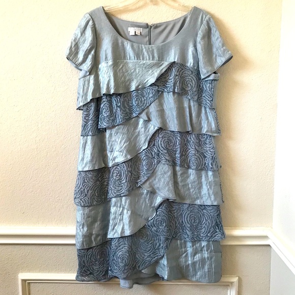 London Times Metallic Blue Lace Trim Ruffle Dress - Picture 1 of 15